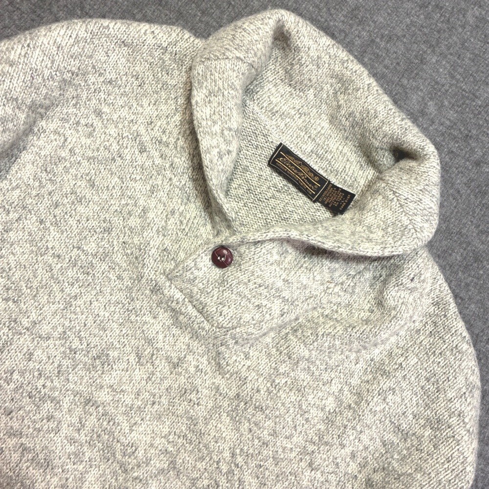 Vintage Eddie Bauer Shawl Neck Sweater Mens L Gray Wool Blend Pullover USA Made